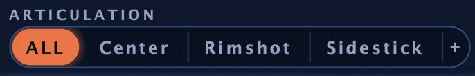 The GOG editor's ARTICULATION row: ALL, Center, Rimshot and Sidestick