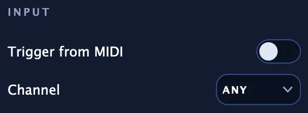 The INPUT section of the MIDI page, with the Trigger from MIDI switch and the channel it listens on