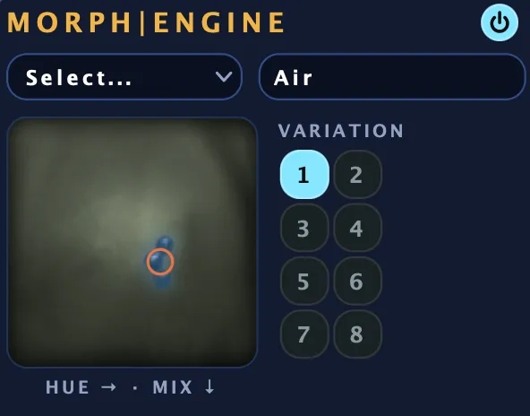 The Morph|Engine section of the synth editor with the Air bank loaded and the pad engaged