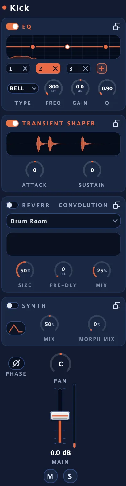 One drum's POST-TRIGGER strip: EQ, transient shaper, reverb, synth, pan and fader
