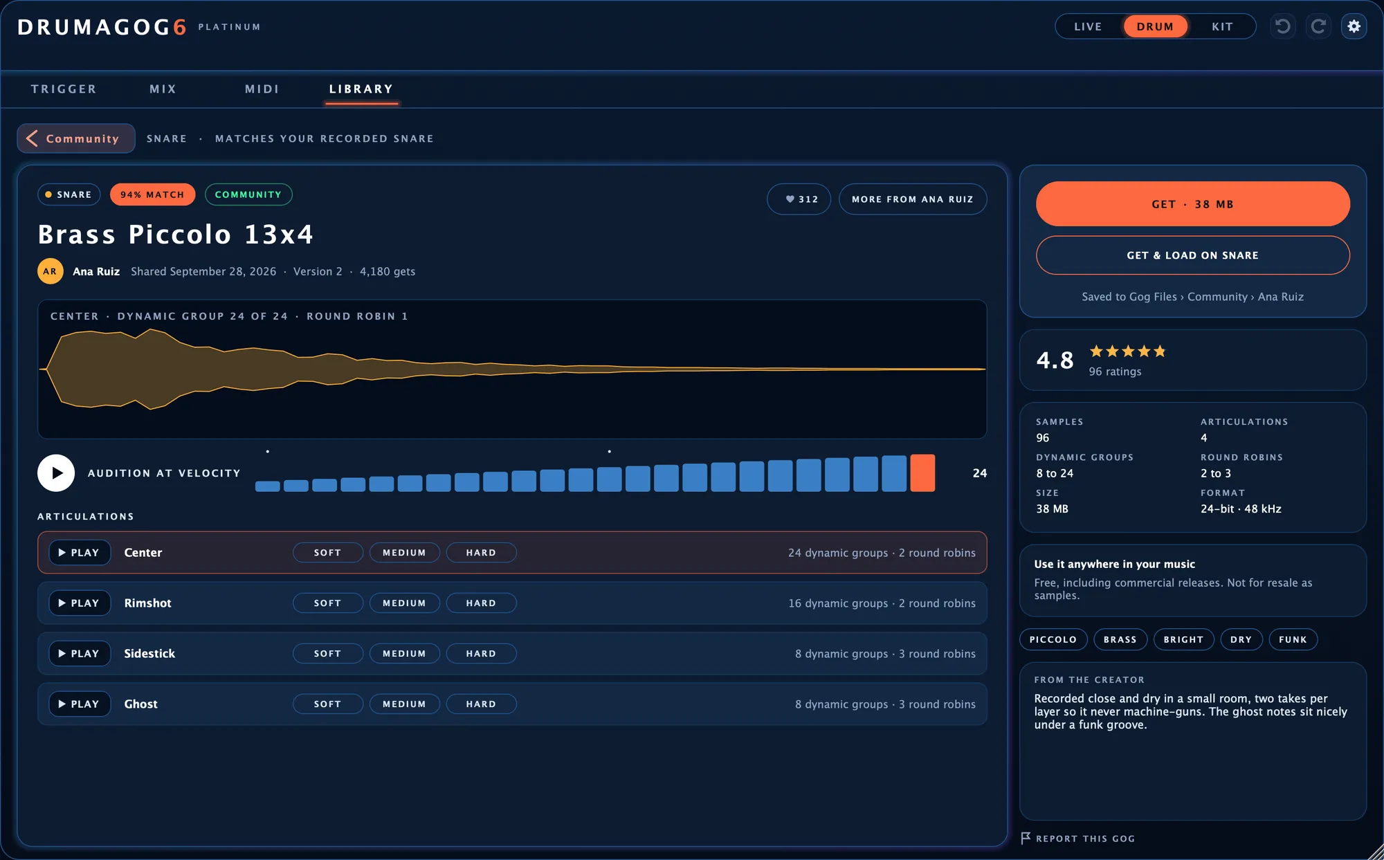 A shared GOG's own page: its waveform, a PLAY button for each articulation, its rating and the GET buttons