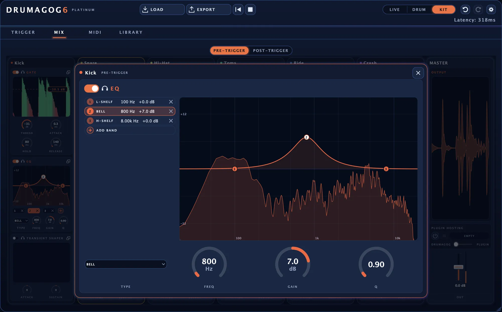 The kick's PRE-TRIGGER EQ opened in a larger window, with the middle band raised over a live spectrum
