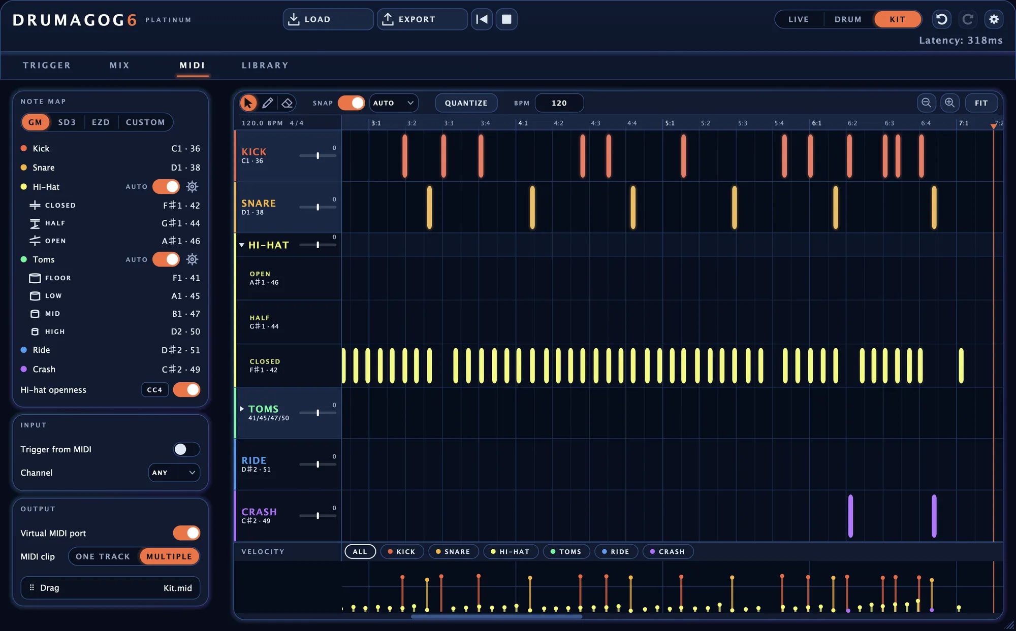 The MIDI page with the hi-hat and tom rows opened out into a row for each kind of hit