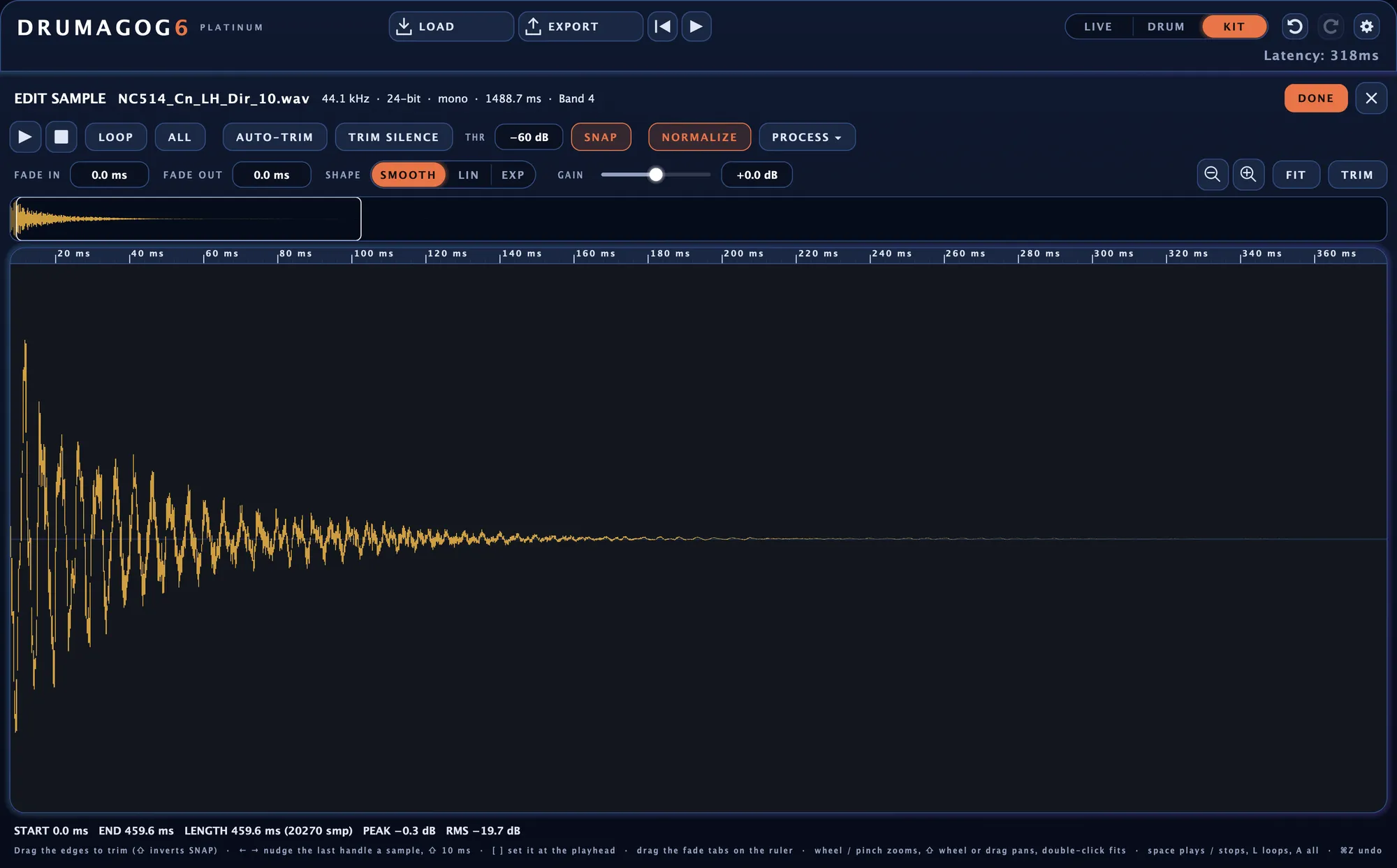 EDIT SAMPLE in the GOG editor: one sample's waveform with trim handles, fades and gain