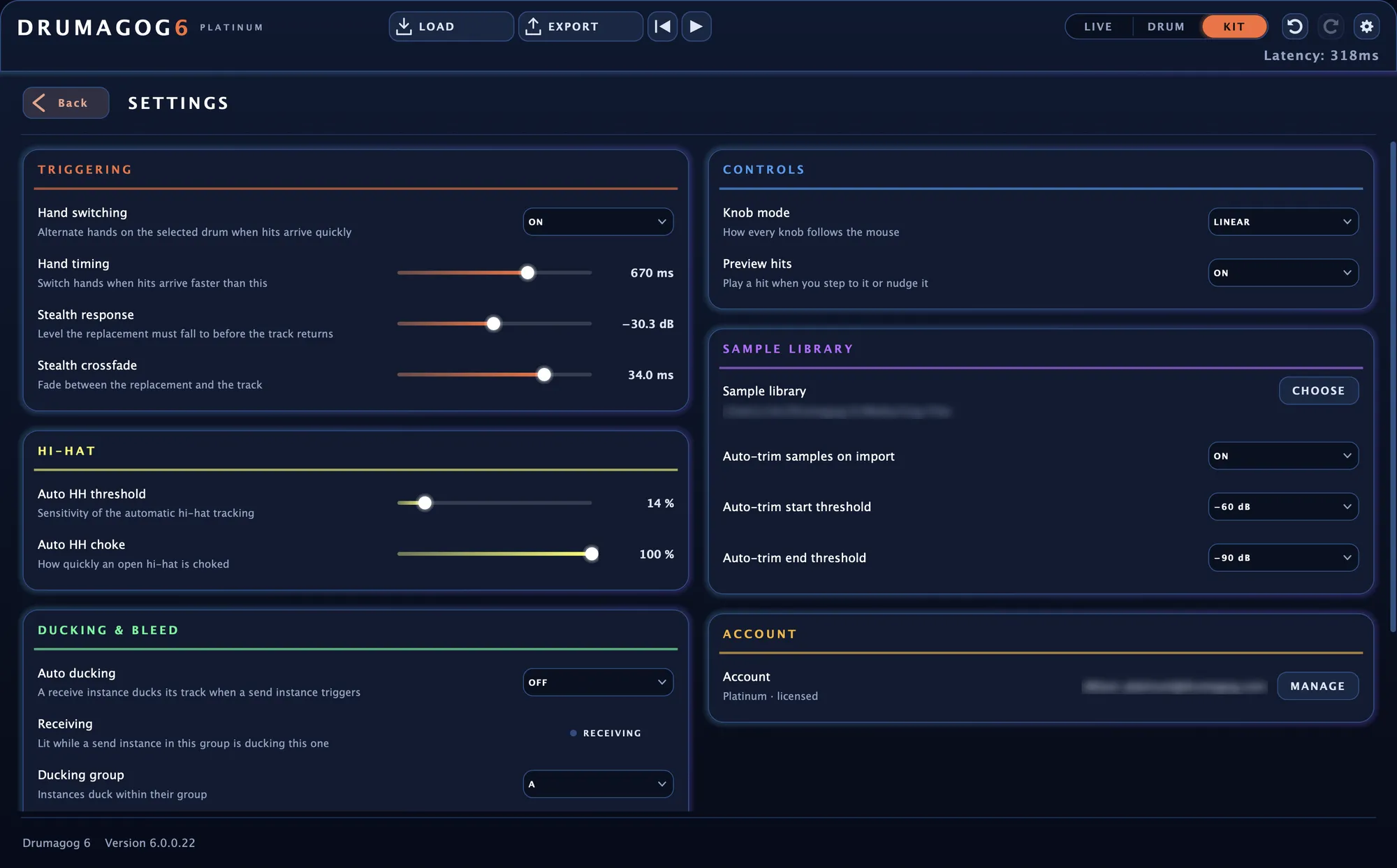 The Settings page, with this instance's triggering, hi-hat, ducking and resampling settings on the left and the computer's preferences on the right