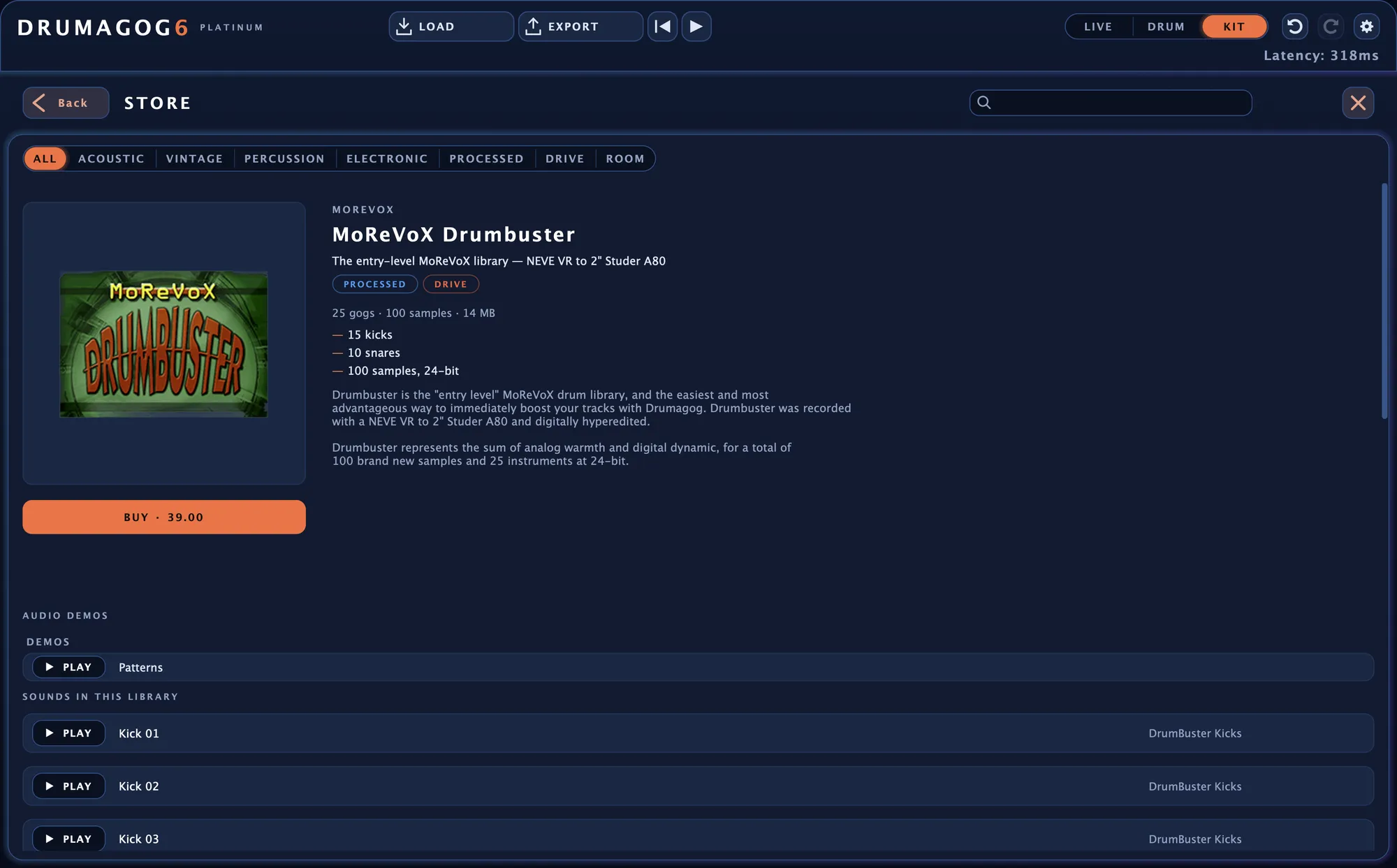 A library's page in the store, with its buy button, its description and PLAY buttons for the demos