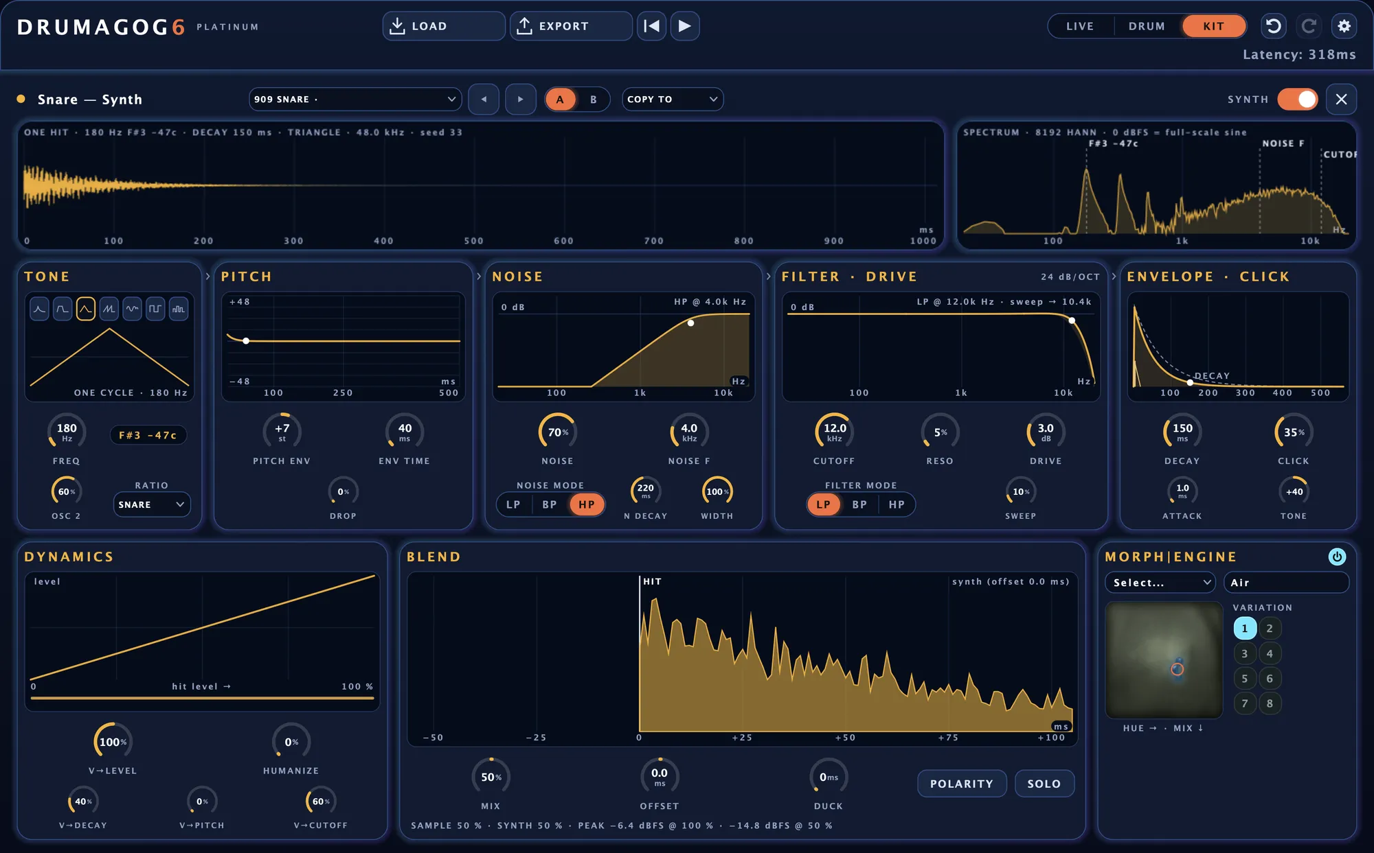 The synth editor for the snare, with one synth hit and its spectrum along the top